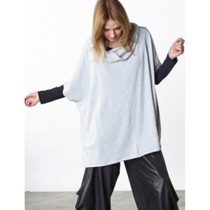 Brynn Walker‎ Womens Cowl Neck Poncho Top L Oversized Gray USA Lagenlook Stretch